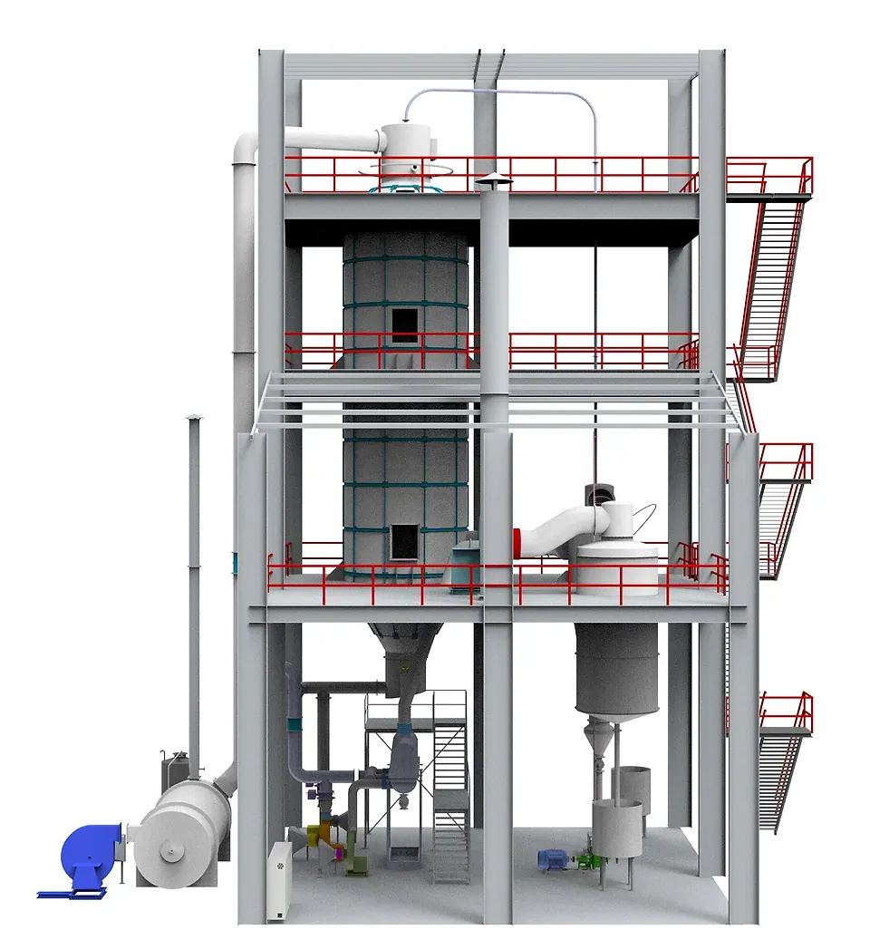 Front elevation of an Acmefil spray dryer plant with hot air generator, cyclone and bag filter